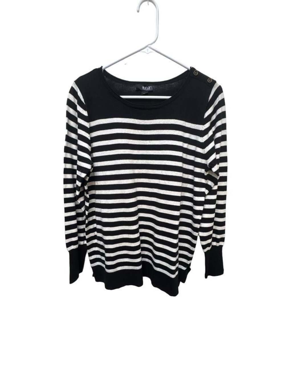 A.N.A a new approach Black and White Striped Long Sleeve Sweater w/Button PXL